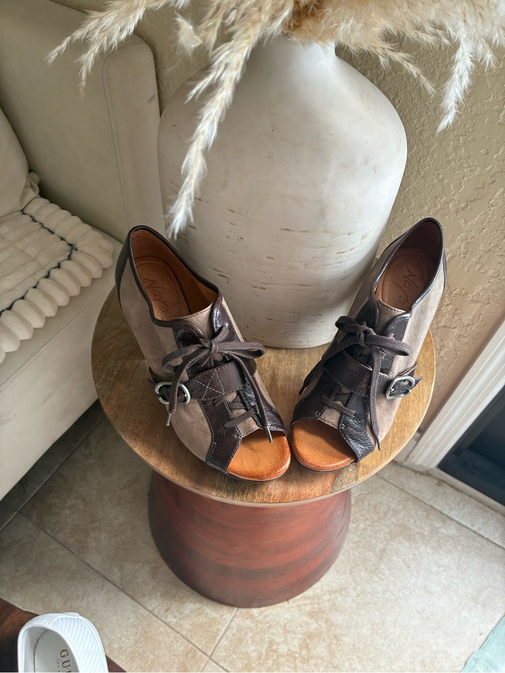 Naya Taupe and Chocolate Lace-Up Wedge Sandals